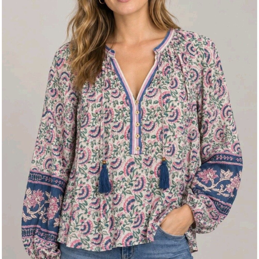 NATURAL LIFE Floral Tasseled Long Sleeve Boho Peasant Blouse Top - M